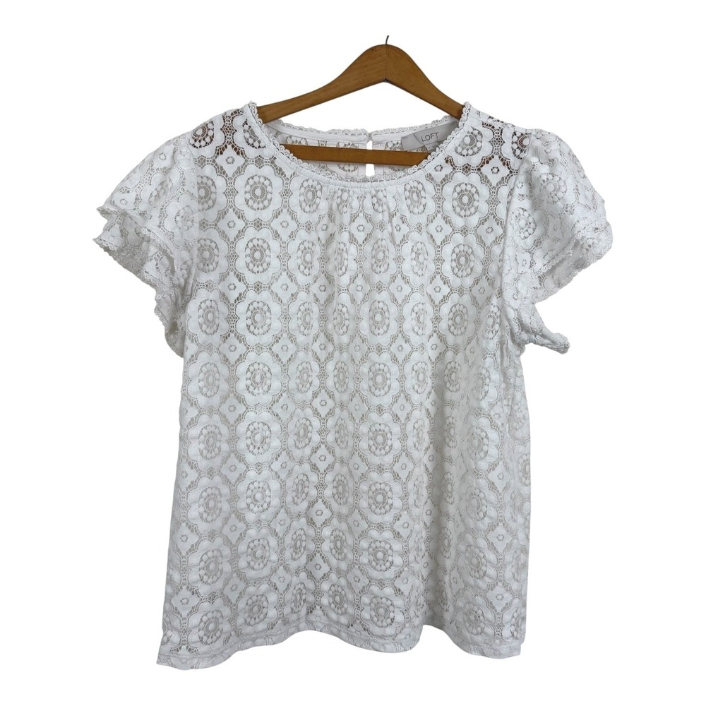 Loft Women White Lace Top Large Sheer Short Sleeves Feminine Romantic Dainty